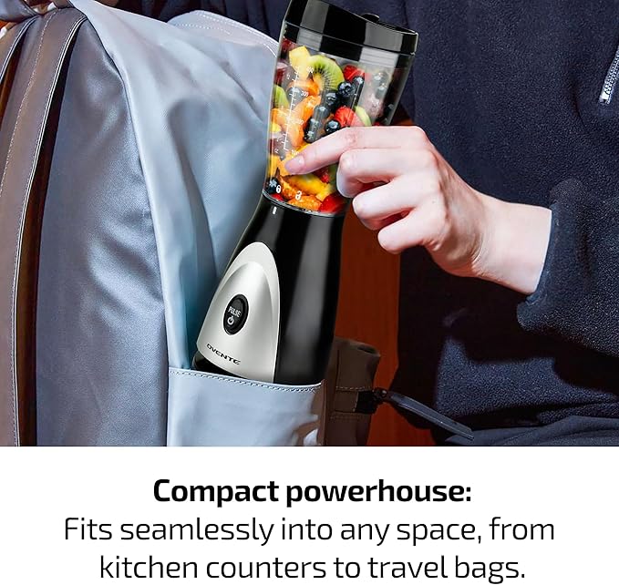 OVENTE Portable Personal Blender for Shakes, Smoothies or Frozen Drinks with 13.5 Oz BPA Free Travel Cup and Lid, Durable Stainless Steel Blades for Powerful Blending Performance, Black BLH1001B