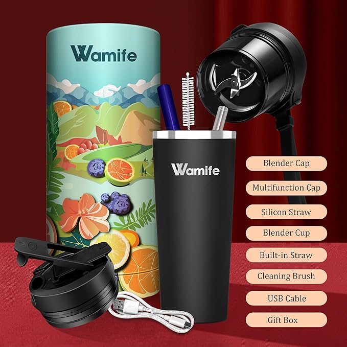 Wamife Portable Blender 16oz personal blender-Portable Blender for Shakes and Smoothies,USB-C Rechargeable,Durable Stainless Steel Blades for Powerful Blending Performance,for office gym - WISDOM