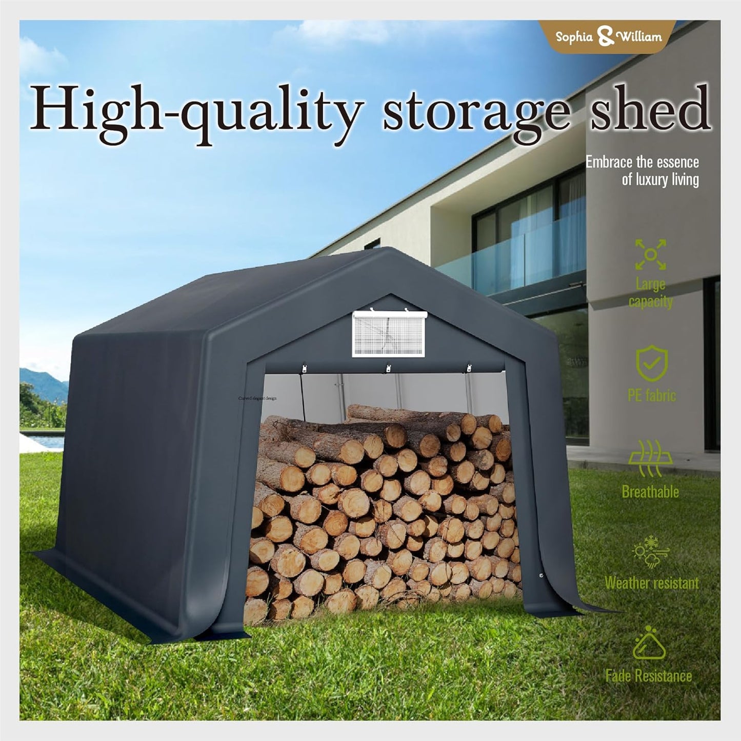 Sophia & William Carport Storage Shed 10x15 ft Portable, Heavy Duty Car Port Canopy Garage Shelter with Sidewalls and Roll Up Doors for Automobile Boat Motorcycle Bike, Gray