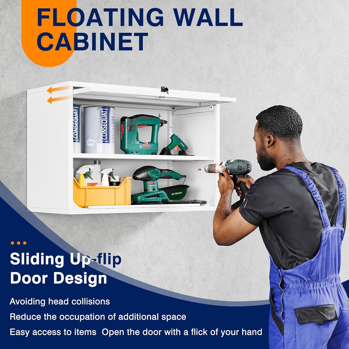 Yizosh Metal Wall Cabinet with Doors and Shelves, Floating Storage Unit for Garage or Basement (White, 21.6" H)