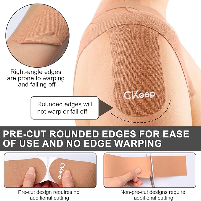 CKeep Kinesiology Tape, 2 Rolls Cotton Latex Free Hypoallergenic Elastic Precut Strips, 2 Inch Wide Waterproof Athletic Tape for Knees Pain Injuries Sprains, Beige