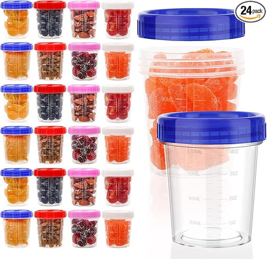 XSEINO 24 Pack 4oz Salad Dressing Container to Go,Small Transparent Containers with Leakproof & Screw Lids, Microwave & Dishwasher Safe, Reusable and Stackable