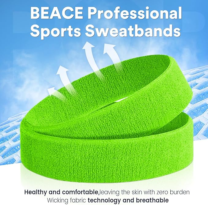 BEACE Sweatbands Sports Headband for Men & Women - Moisture Wicking Athletic Cotton Terry Cloth Sweatband for Tennis, Basketball, Running, Gym, Working Out