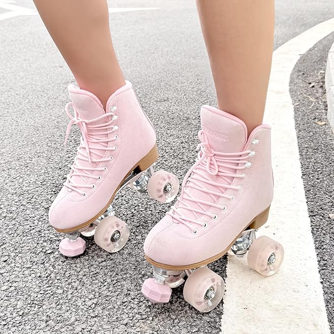 Roller Skates for Women or Men with Height Adjustable Rubber Stoppers Retro Suede Quad Roller Skates for Outdoor and Indoor