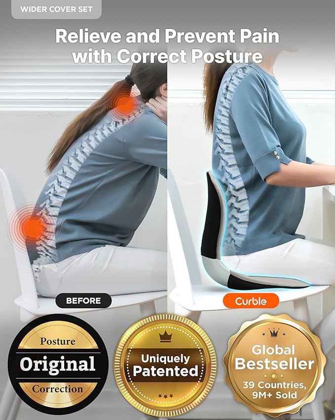 curble Wider(Standard Wide) Cover Set – Lower Back Support Chair with Detachable Cover, Lumbar Support Back Posture Corrector, Back Pain Relief (Set Grey)