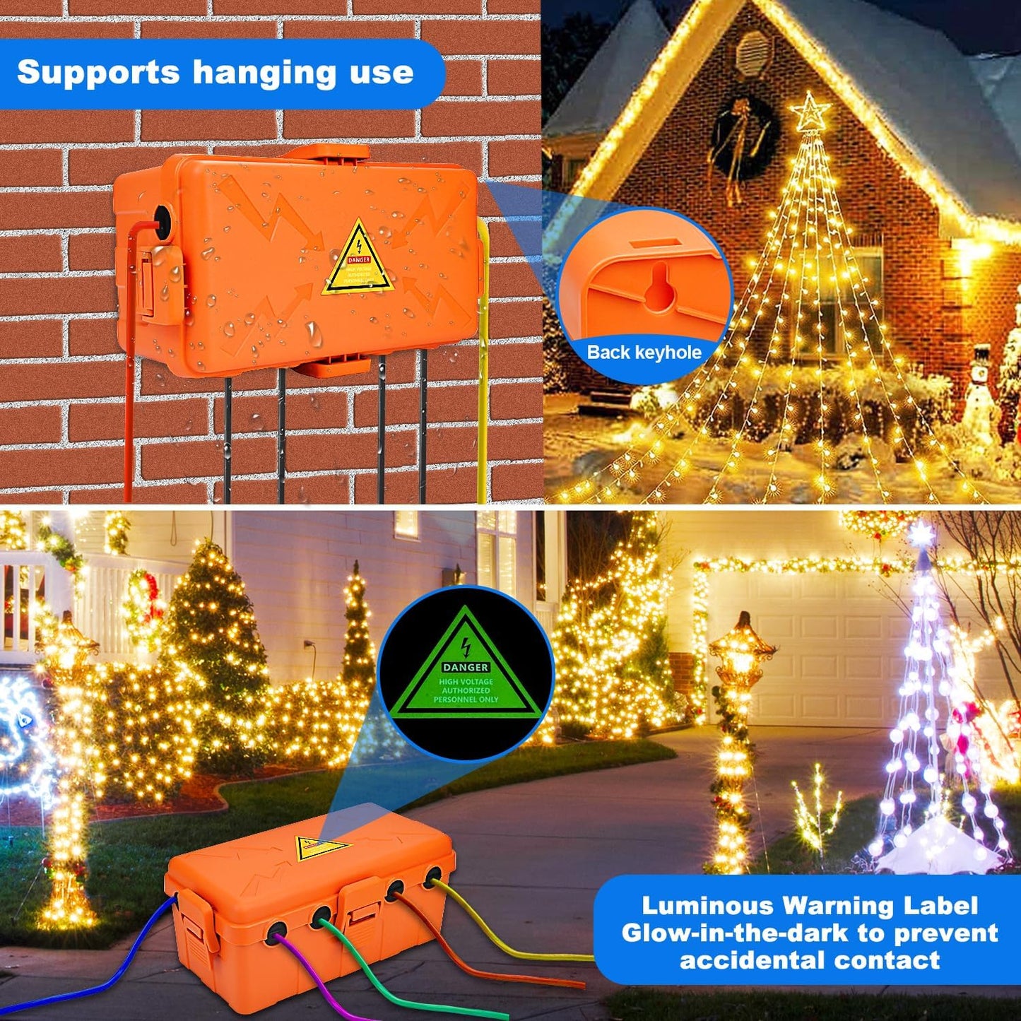 Hrensaw Medium Outdoor Electrical Box(10.6x5.5x4.5inch),Weatherproof Connection Box w/6 Cable Entry,IP54 Waterproof Extension Cord Cover Protect Power Strip,Timer,Plug,Holiday Lights,Orange