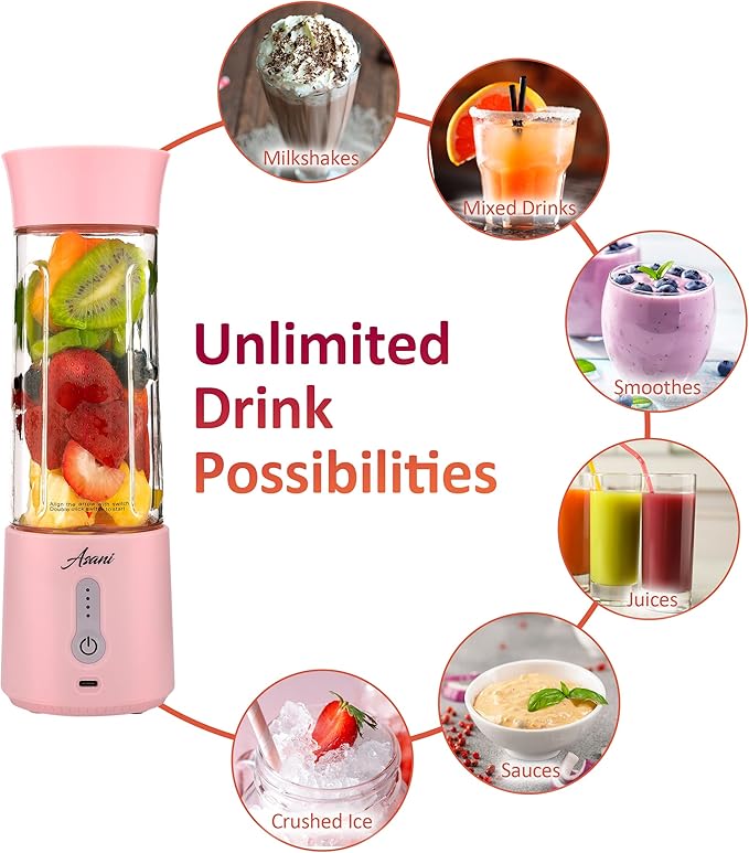 Asani Portable Mini Blender for Shakes and Smoothies, USB Rechargeable, Pink