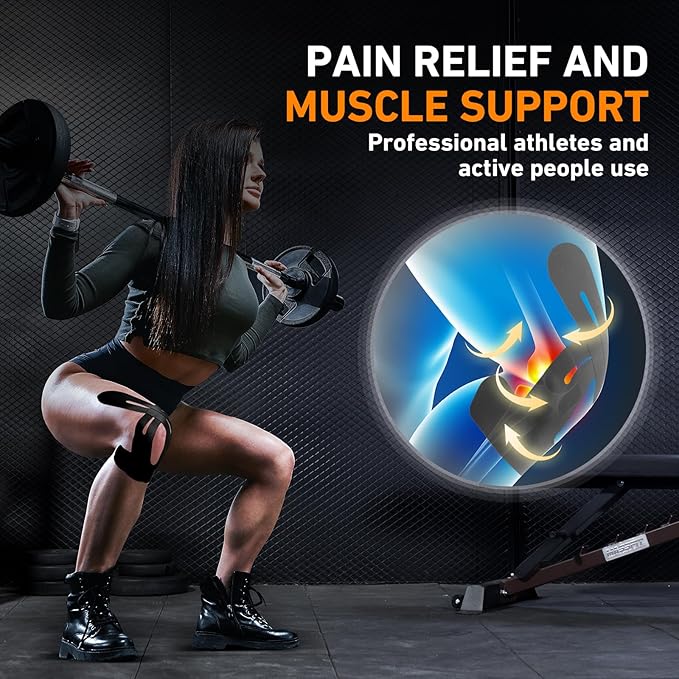 Kinesiology Tape for Knees Pre Cut, 12 PCS Upgrade KTQUICK Knee Tape For Knee Pain Relief Pre Cut, Original Cotton Knee Tape, Flexible & Durable Sports Tape for Support & Comfort During Workouts,Black