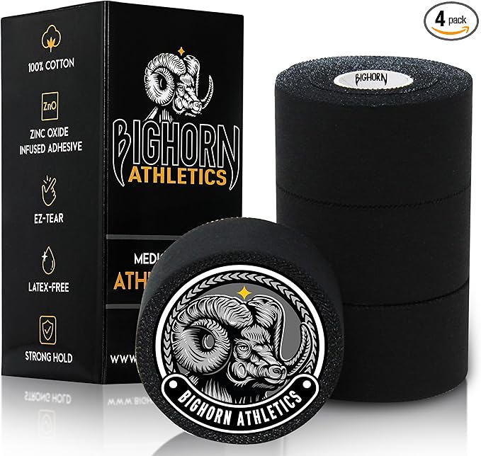 Bighorn Athletics Sports Tape | EZ-Tear Black Athletic Tape for Wrist, Ankle & Foot Support | Zinc Oxide Infused & Latex-Free Adhesive, Breathable Cotton Fabric, 1.5-Inch x 45-Feet, 4 Rolls, Black