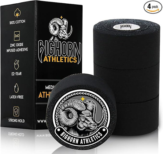 Bighorn Athletics Sports Tape | EZ-Tear Black Athletic Tape for Wrist, Ankle & Foot Support | Zinc Oxide Infused & Latex-Free Adhesive, Breathable Cotton Fabric, 1.5-Inch x 45-Feet, 4 Rolls, Black