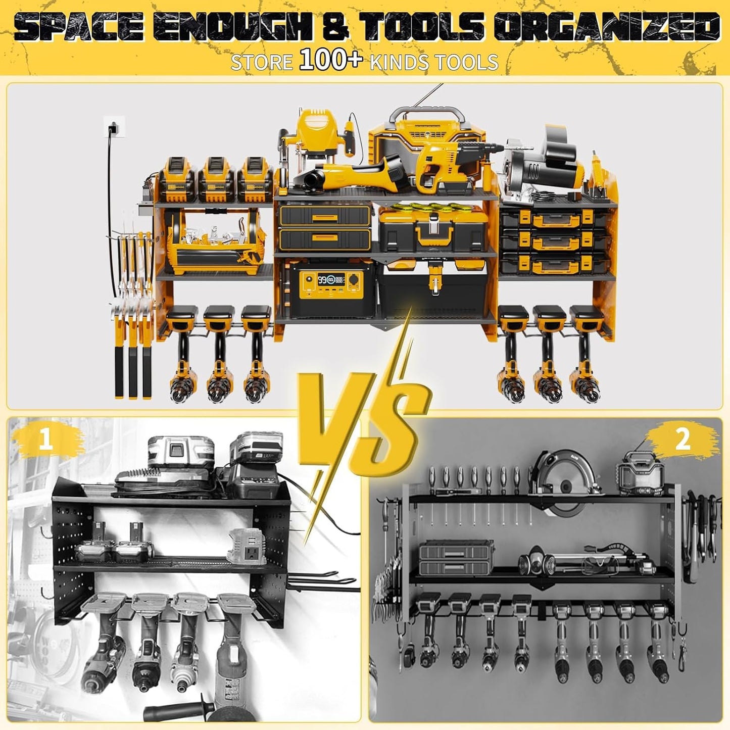 45" Large Power Tool Organizer Wall Mount with Charging Station - 3 Layer Storage Racks with 8 Cordless Drill Holder, 4 Hooks, Heavy Duty Garage Tool Organizer Storage for Workshop Pegboard Basement