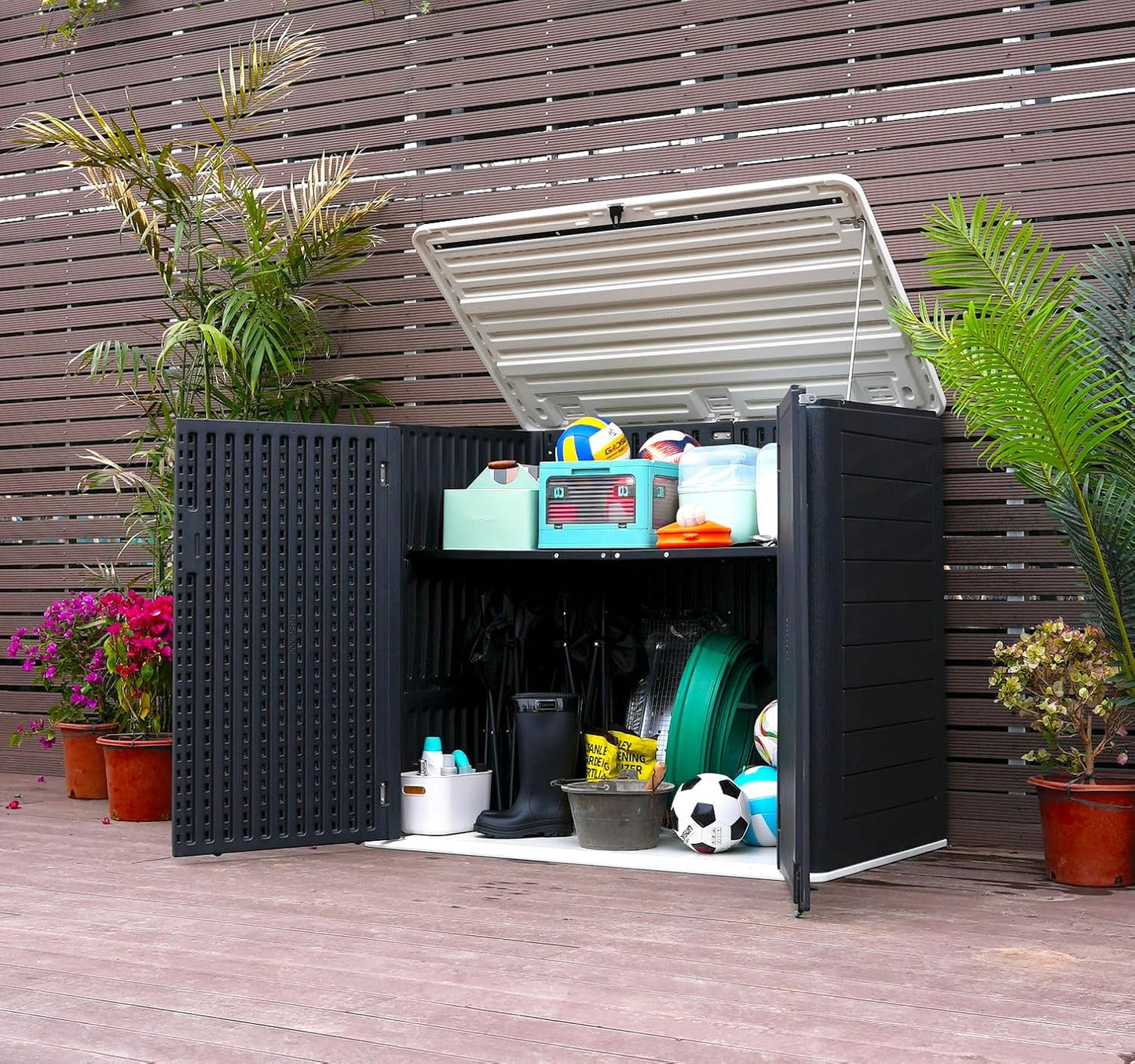 ADDOK Larger Outdoor Storage Shed Weather-Resistance, Horizontal Outdoor Storage Box Waterproof for Garden Backyard Patio and Lawn, 38 Cuft Capacity for Bike, Garbage Cans, Lawn Mover, Patio Tools