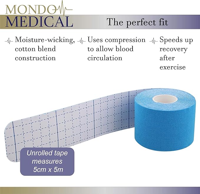 Mondo Medical Kinesiology Tape Precut Strips 2in x 16ft Roll - Blue Athletic Tape for Skin Muscle Sports Body Tape