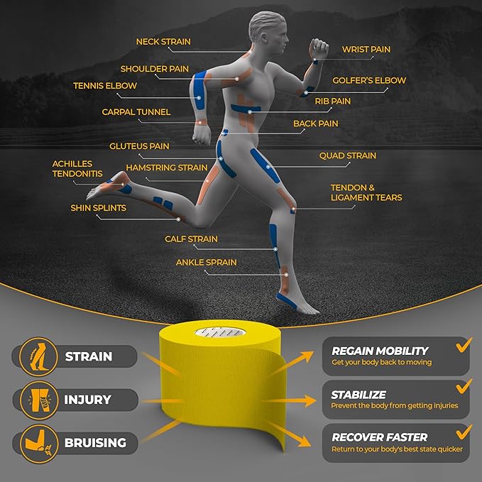 Kinesiology Tape-Incredible Support for Athletic Sports and Recovery + Free Taping Guide - Pre-Cut 2 inch 16.4 feet (Sunny Yellow + Free Taping Guide, 1 Pack)