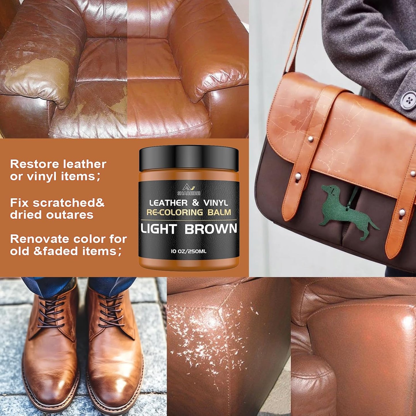 Leather Recoloring Balm,10oz Leather Color Restorer Leather Repair Kit for Furniture Car Leather Scratch Remover, Light Brown Leather Color Restorer for Couches,Leather Dye Paint for Faded