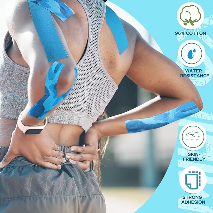 2 Rolls Kinesiology Tape, Waterproof Kinetic Tape 1.97 in x 16.4 ft, Uncut Cotton Elastic Athletic Strips for Knee, Shoulder, Ankle, Muscle Support (Blue and Blue Camouflage)