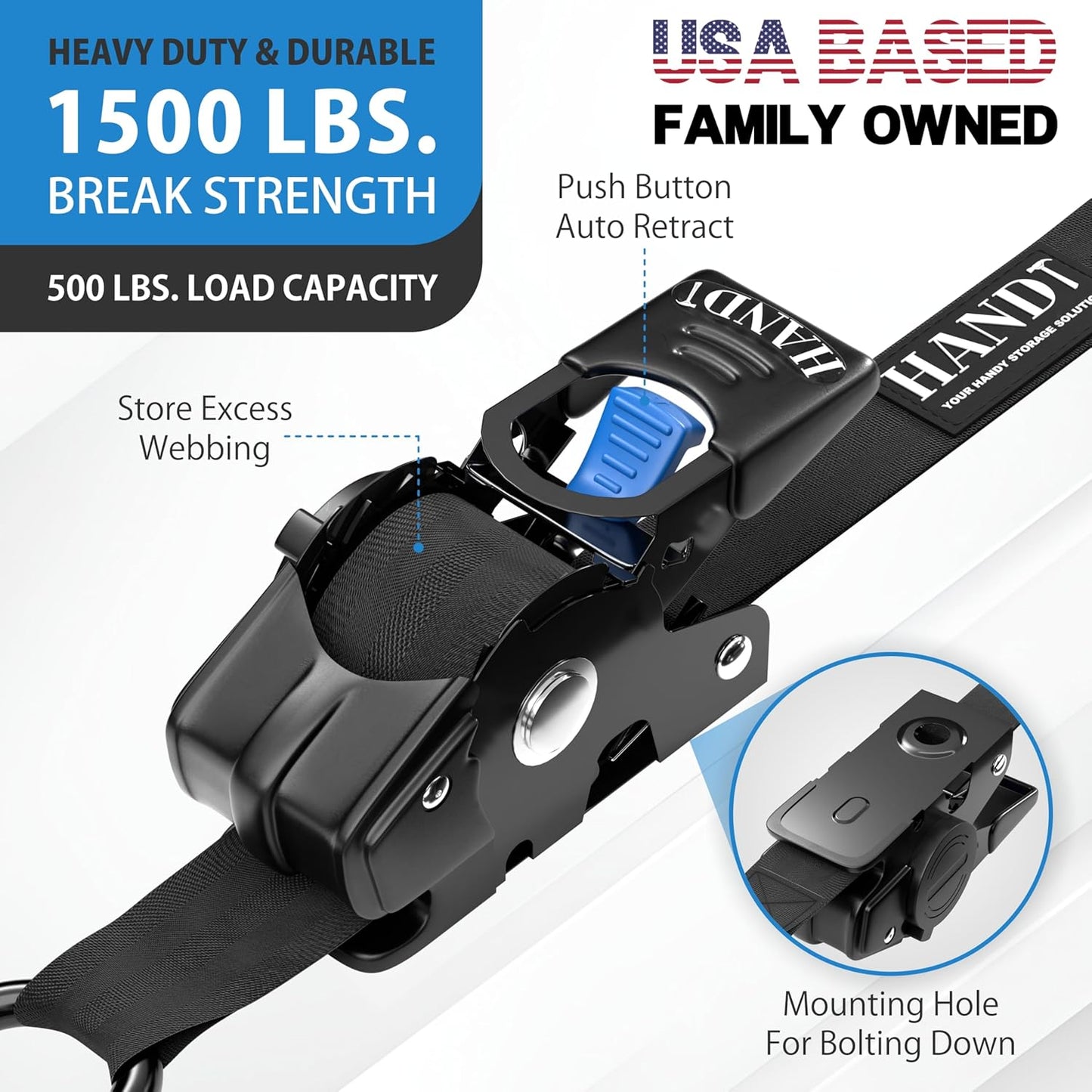 HandT USA Based Retractable Ratchet Straps (4PK) 1in x 6ft - 1,500lb Break Strength, Heavy Duty Automatic Ratchet Straps Self Retractable Tie Down, Push Button Retracting Truck Trailer Cargo | Black