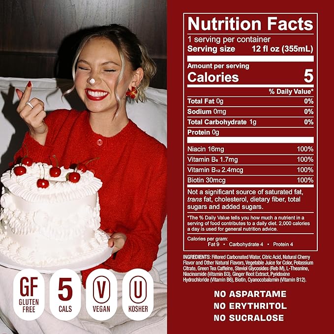 GORGIE Jordyn Jones Cherry Lime, Sugar-Free Natural Energy Drink Sparkling, Healthy Energy Drinks - Green Tea, Biotin, B Vitamins -150mg Caffeine, Vegan, & Low Calorie (Pack of 12)