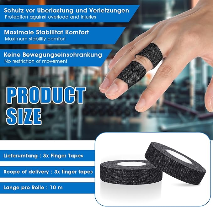 Finger Tape, 0.5 Inch x 10 Yard Black Athletic Tape Extra Strong Adhesive, 3 Rolls Sport Tape, Medical Tape, Foot Tape for Rock Climbing, Grappling, Basketball, Lifters and BJJ Finger Tape