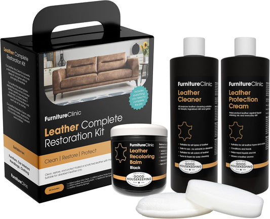Furniture Clinic Leather Complete Restoration Kit | with Leather Recoloring Balm, Cleaner, 2-in-1 Protection Cream & Conditioner, Sponge, and Cloth | Repair Kit for Furniture (Black)