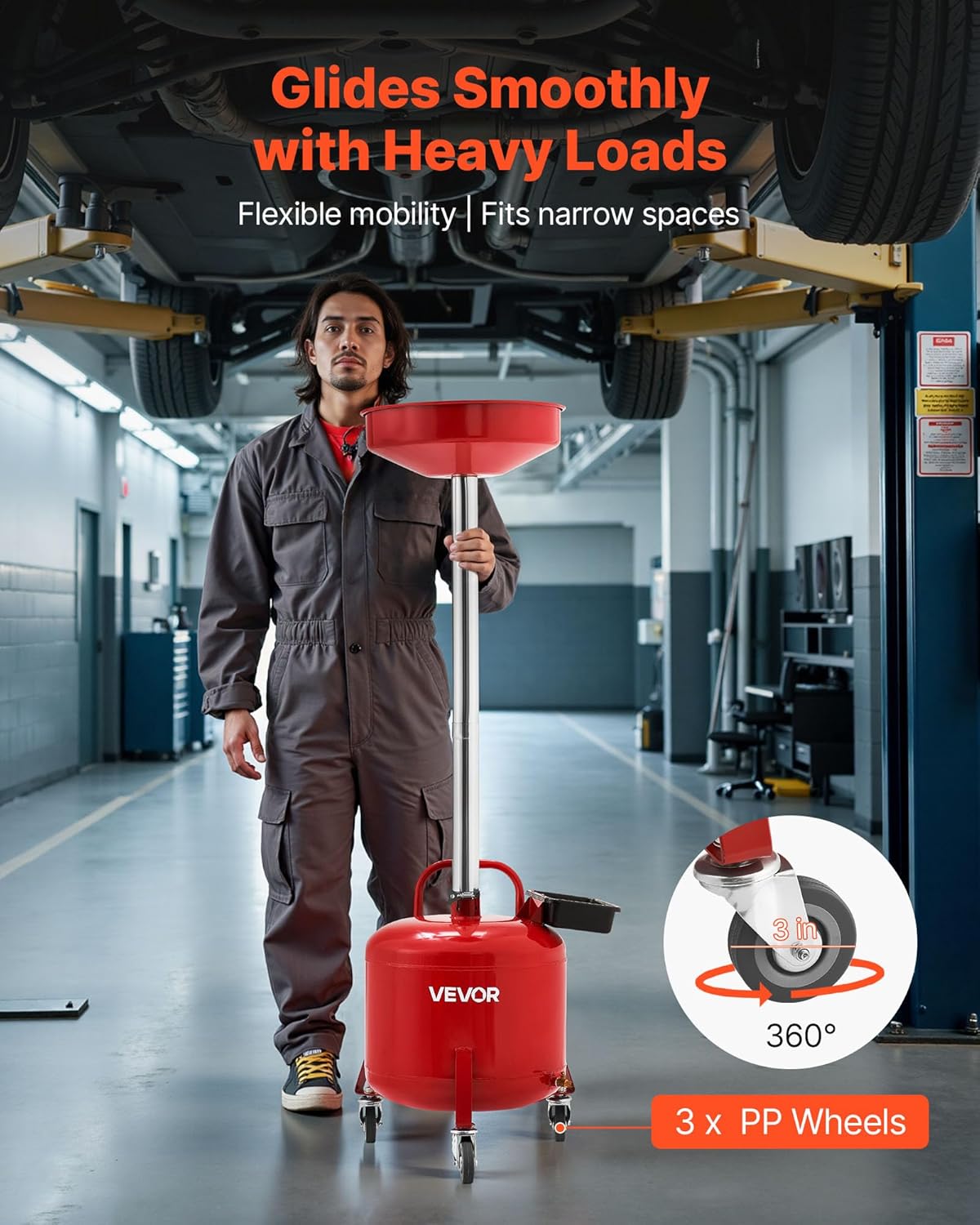 VEVOR 8 Gallon Waste Oil Drain Tank, Industrial Fluid Drain Tank with Adjustable Funnel Height, Portable Oil Drainer with Wheels & Toolbox, Fluid Fuel Transfer Drainage for Auto Repair Shops, Red