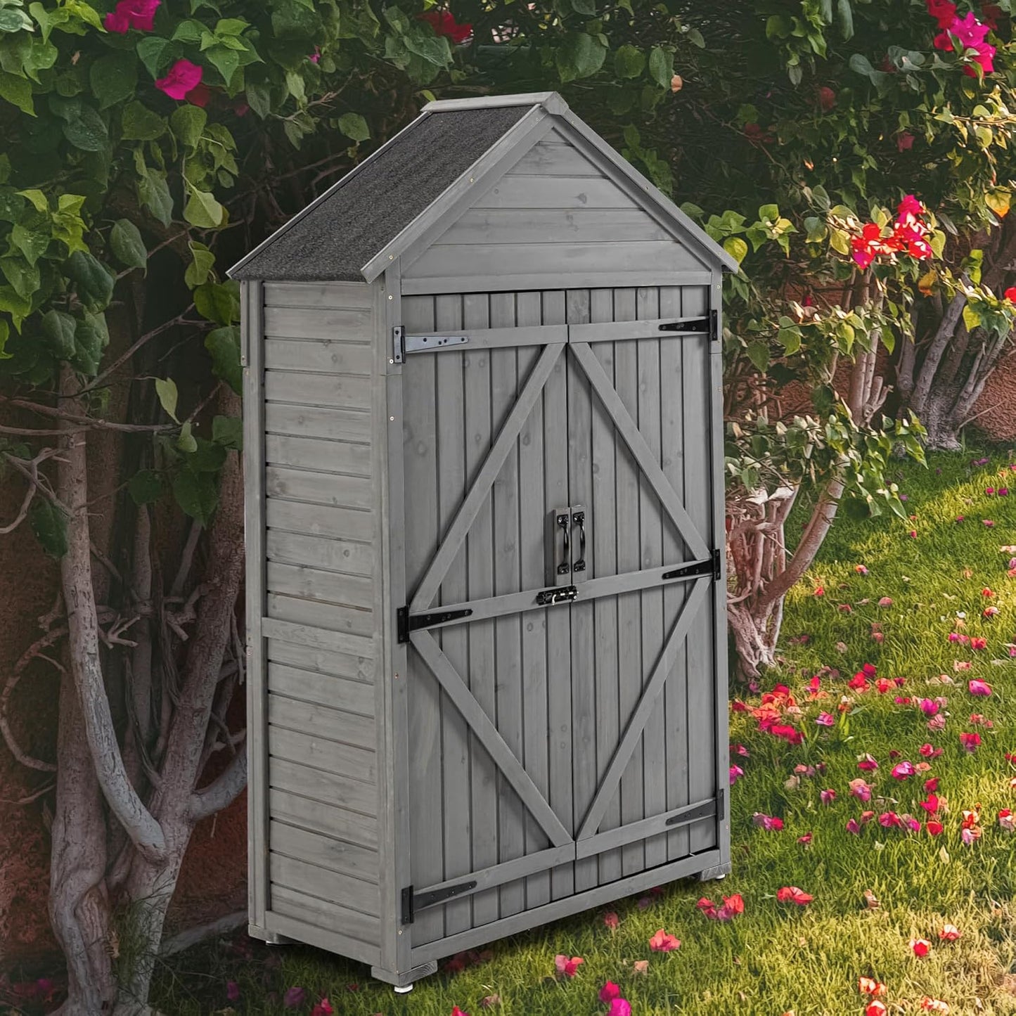 39.56"x 22.04"x 68.89" Outdoor Storage Cabinet with Removable Shelves, Waterproof Roof, and Adjustable Feet - Fir Wood Garden Tool Shed for Yard, Patio, Deck, and Garage,Grey