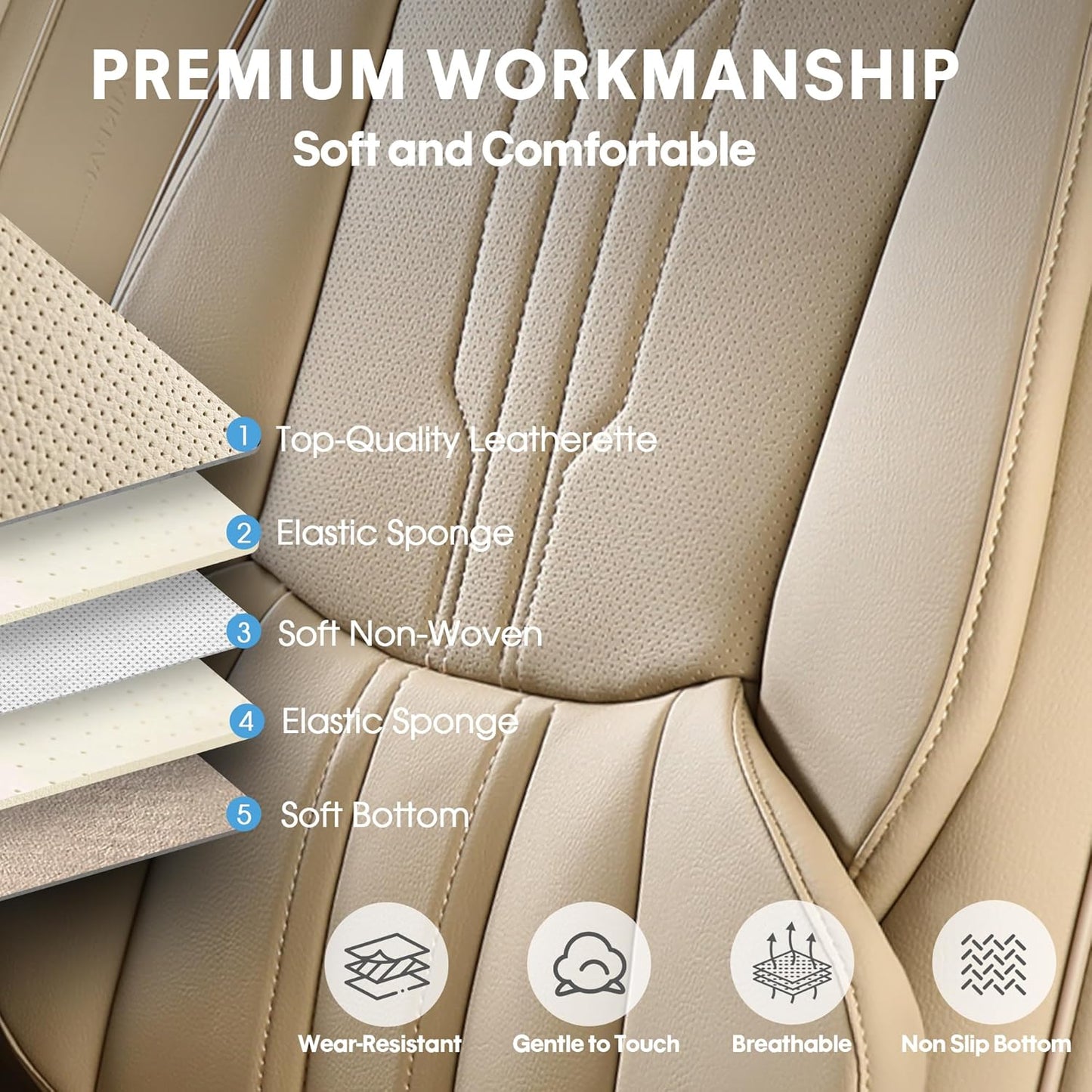 AOOG Front Seat Covers, Car Seat Covers Front Seats, Leather Seat Covers for Cars, Waterproof Seat Covers with Lumbar Support Universal Fit for Most Cars SUV Trucks(Front Pair, Beige)
