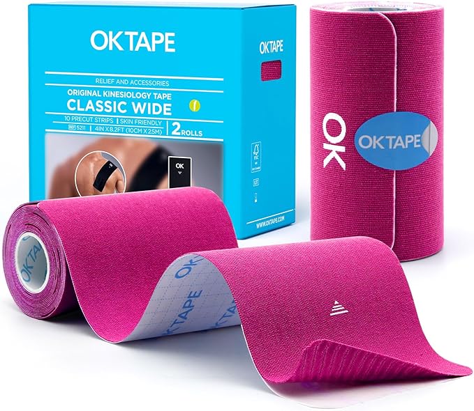 OK TAPE Extra Wide Kinesiology Tape, Precut K Tape Strips, Elastic Physical Therapy Athletic Tape for Pain Relief & Joint Support | Back, Shoulder, Knee (4" x 10" - 20Pcs) Pink