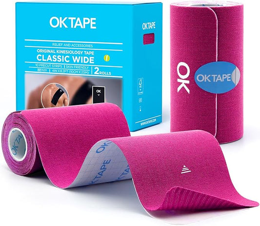 OK TAPE Extra Wide Kinesiology Tape, Precut K Tape Strips, Elastic Physical Therapy Athletic Tape for Pain Relief & Joint Support | Back, Shoulder, Knee (4" x 10" - 20Pcs) Pink