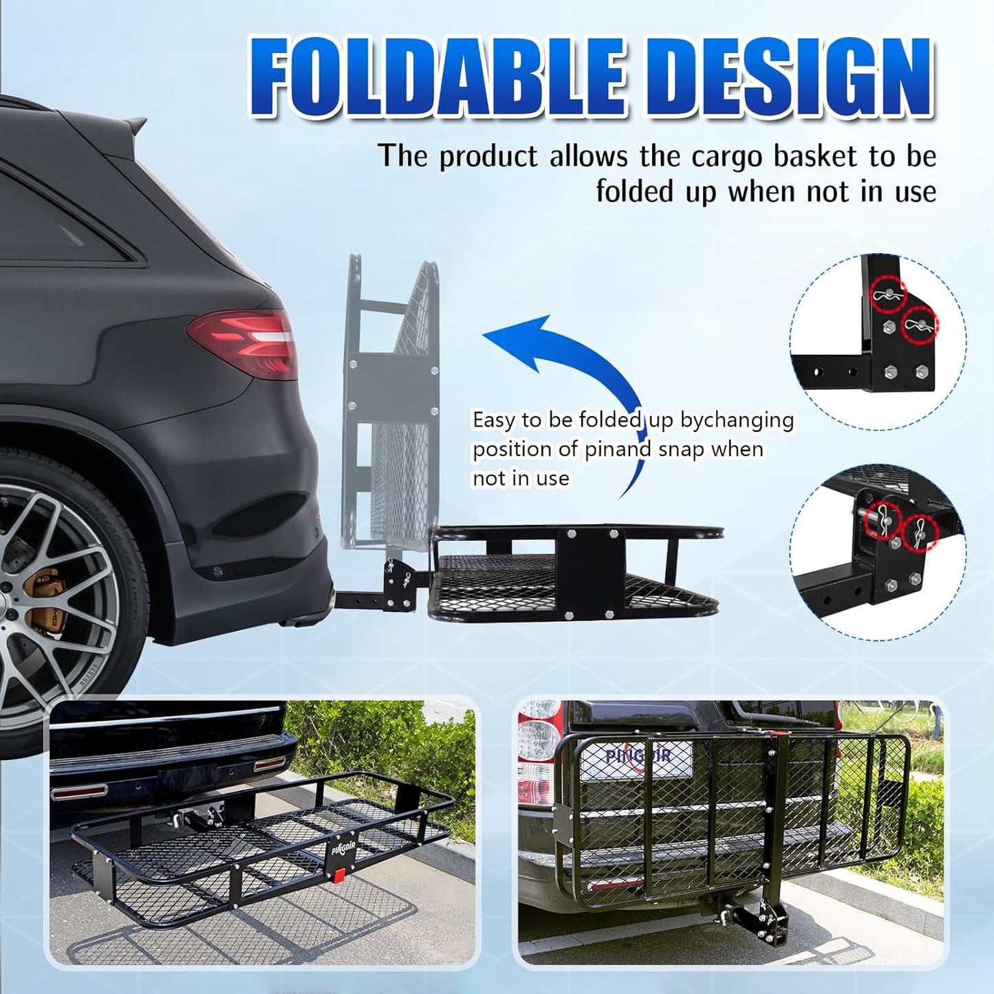 Folding Hitch Mount Cargo Carrier Hitch Rack Basket 60"*21.5"*6" Hauling Weight Capacity of 500 Lbs, Waterproof Cargo Bag 58" 19" 24", with Hitch Stabilizer,Cargo Net and Ratchet Straps