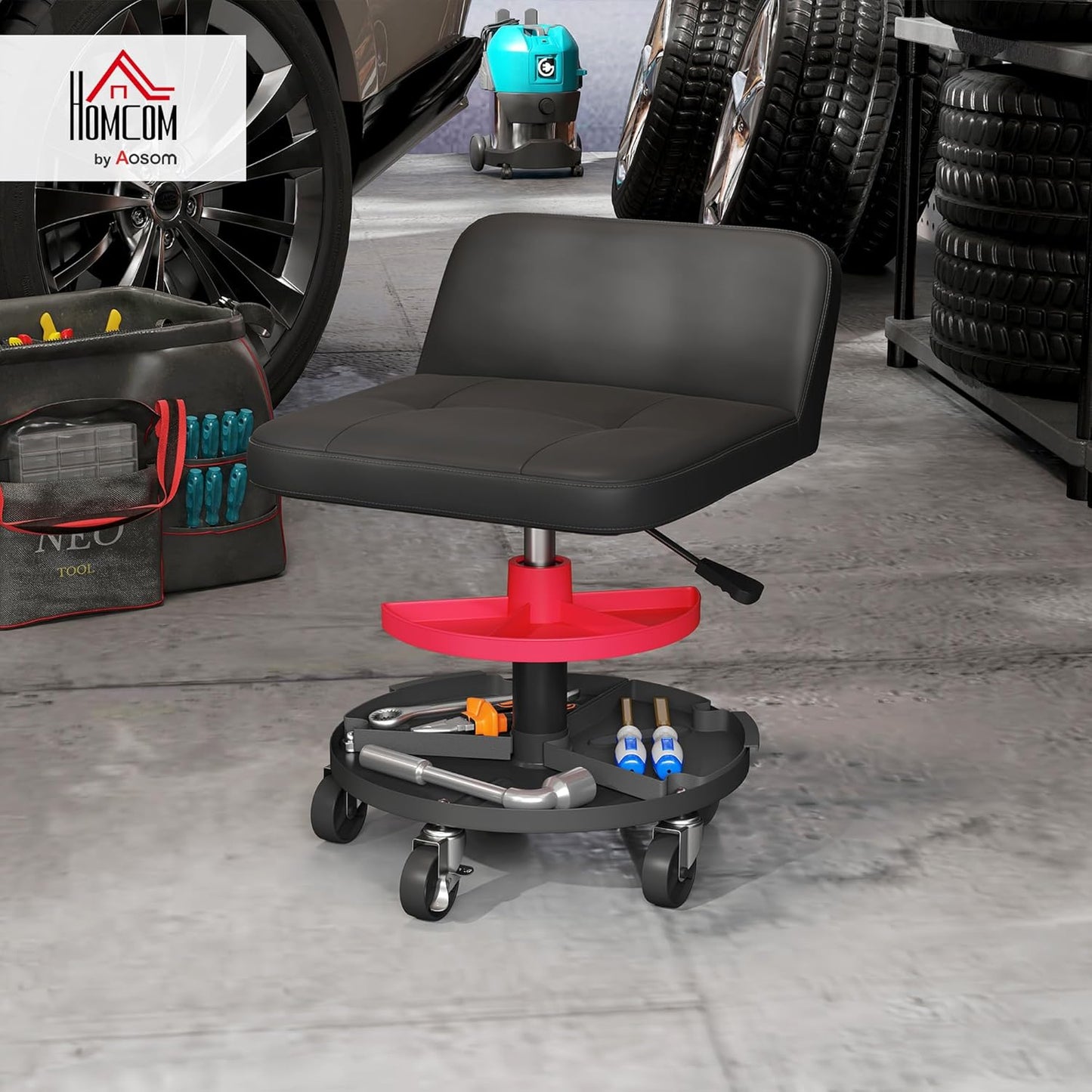 HOMCOM Rolling Mechanic Stool, 300 LBS Capacity Pneumatic Creeper Garage Stool with 360° Wheels, Backrest, Heavy Duty Roller Seat Padded Shop Chair with Tool Tray Storage, Adjustable Height, Black