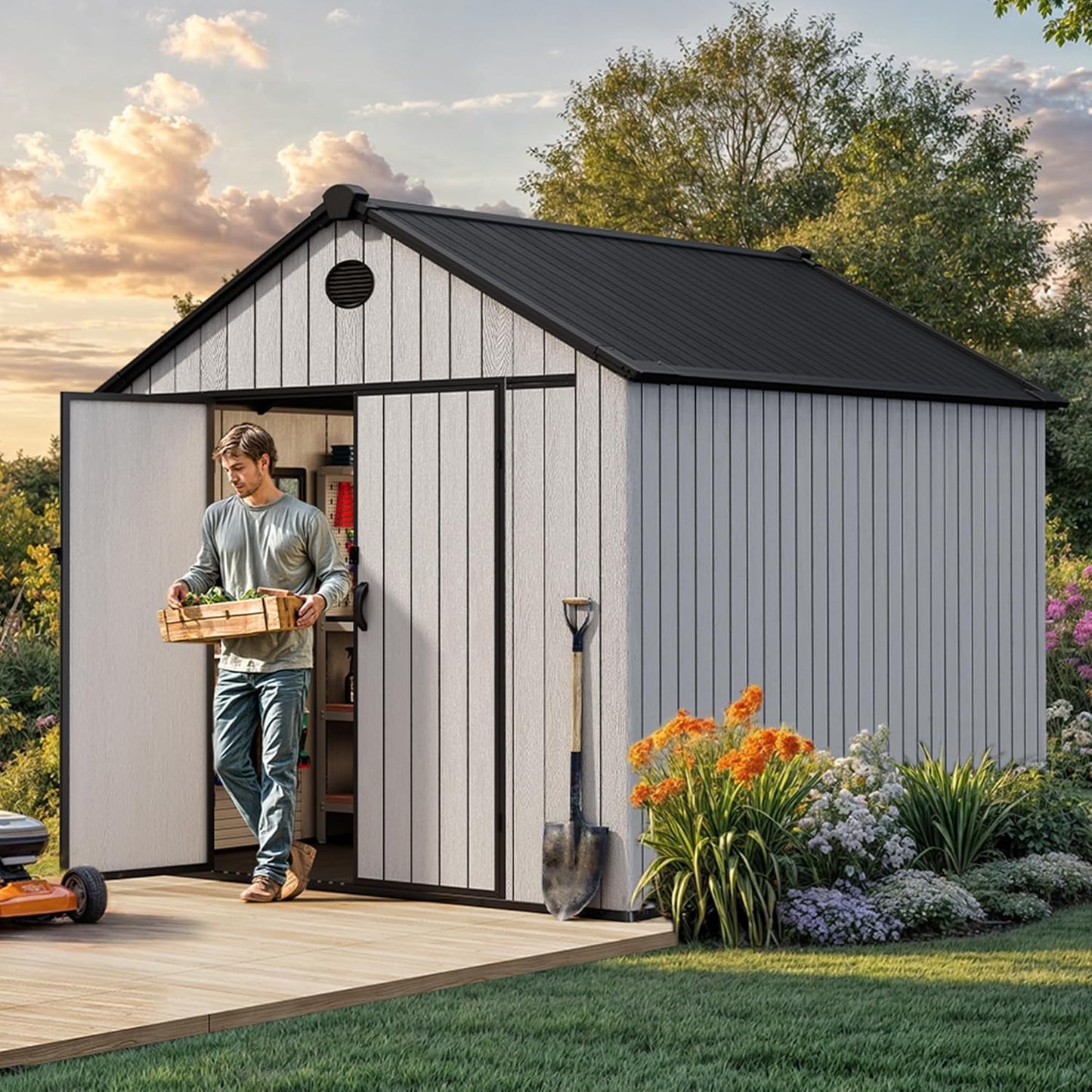 YITAHOME 8x10 FT Outdoor Storage Shed with Floor, Plastic Garden Shed for Bikes, Tools, Supplies, Waterproof Resin Shed with Lockable Doors, 2 Windows & 2 Vents for Patio, Backyard, 556 cu. Ft., Gray