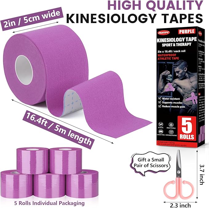 5 Rolls Kinesiology Tape, 2 inch x 16.4 Feet Waterproof Athletic Tape, Uncut Kinetic Tape, Muscle Tape, Sports Tape, Knee Tape for Exercise and Daily Use - Purple