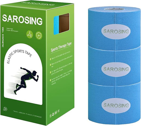 Elastic Kinesiology Tape for Knees, Shoulders, Back & More – Waterproof Sports Tape for Joint Support & Muscle Recovery, Breathable Kinesio Tape for Athletes | 2" x 16 ft (Blue-3rolls)