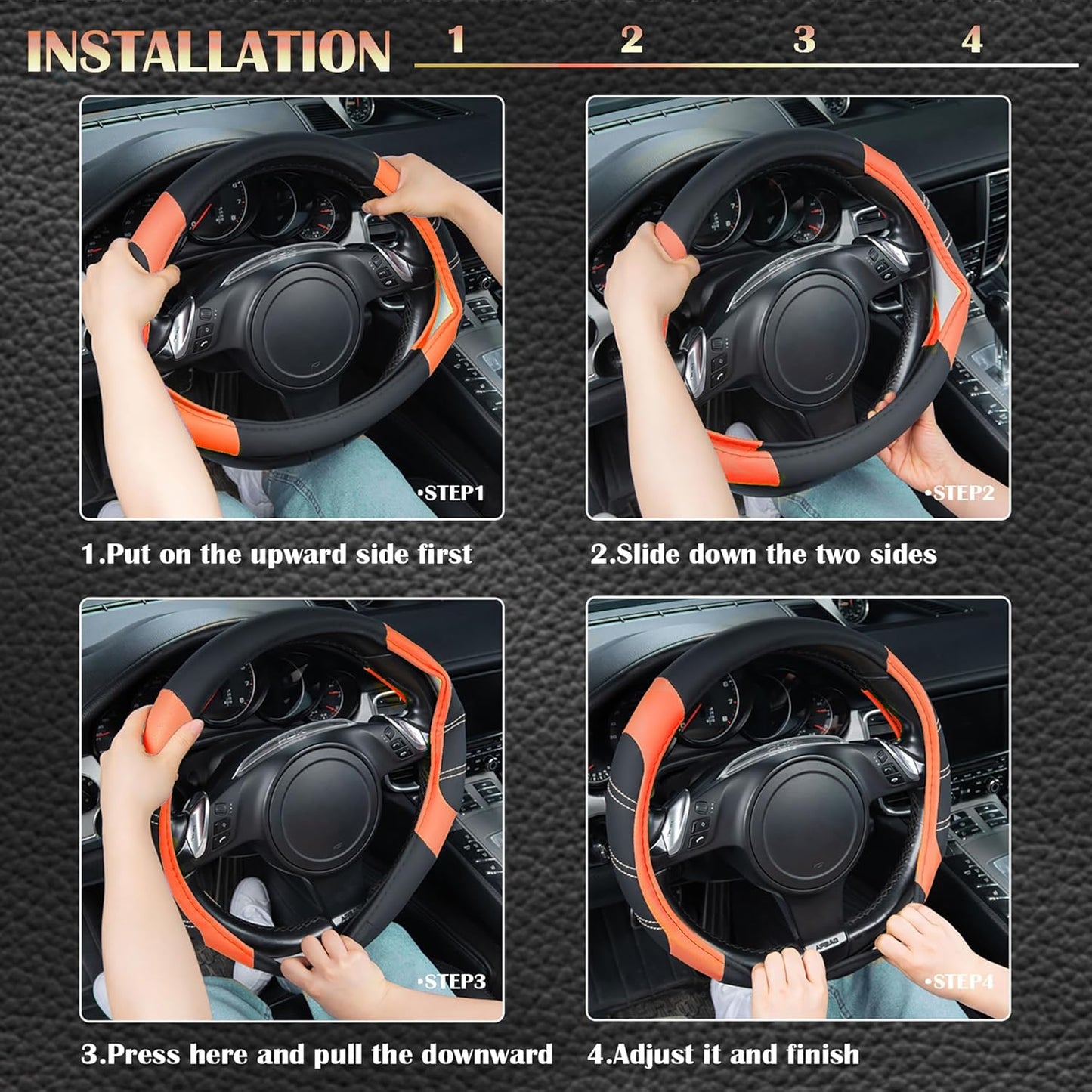 CAR PASS Line Rider Microfiber Leather Sporty Steering Wheel Cover Universal Fits for 95% Truck,SUV,Cars,14.5-15inch Anti-Slip Safety Comfortable Desgin (Black-Orange)