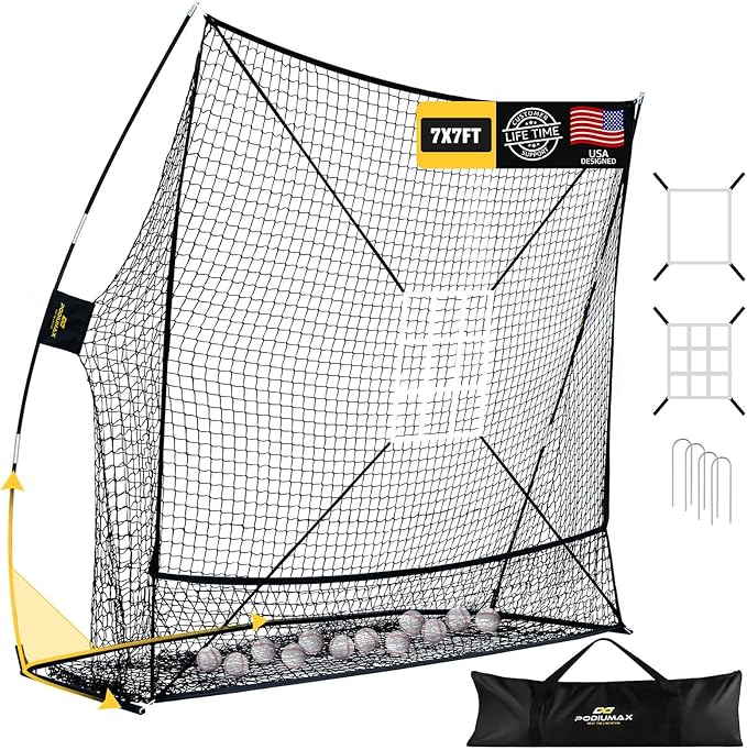 PodiuMax 7x7 Baseball & Softball Net with Upgraded Triangular Base, Large Ball Collection System, Softball Pitching Net with 2 Strike Zone, Baseball Nets for Batting Pitching Fielding