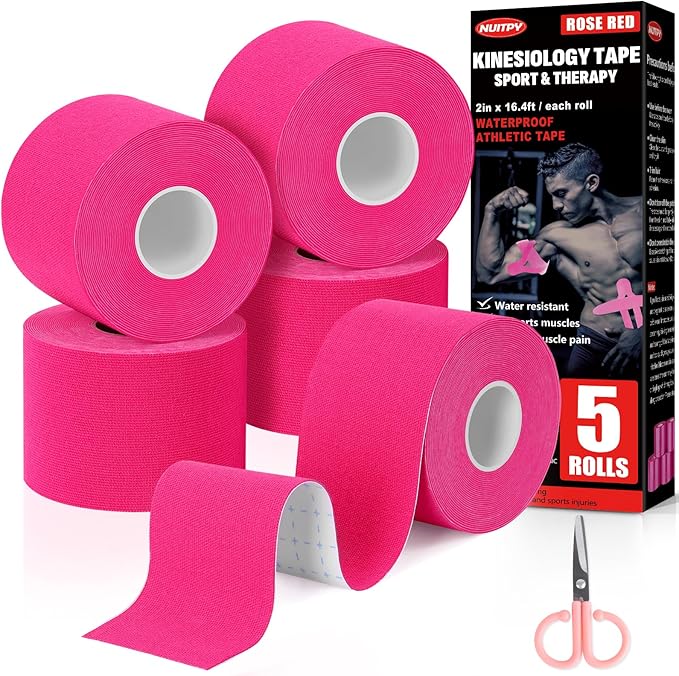 5 Rolls Kinesiology Tape, 2 inch x 16.4 Feet Waterproof Athletic Tape, Uncut Kinetic Tape, Muscle Tape, Sports Tape, Knee Tape for Exercise and Daily Use - Rose Red