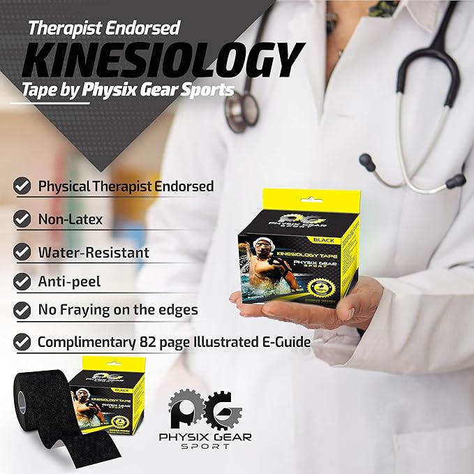 Physix Gear Cotton Kinesiology Tape Roll 16ft, Latex-Free Athletic Tape for Muscles/Joints, Waterproof Kinesiolgy, Stretchy Kinesiologytape, Gentle on Skin Kiniseaology Tape, Kinesology Tape