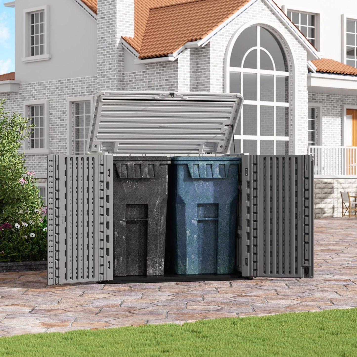 ZZM Outdoor Storage Shed Diamond Texture 4x3FT Horizontal Shed | 34 Cu.Ft Waterproof Resin Cabinet with Double-Wall | UV-Resistant & Lockable for Garden Tools, Bikes, Patio Furniture (Grey-White)