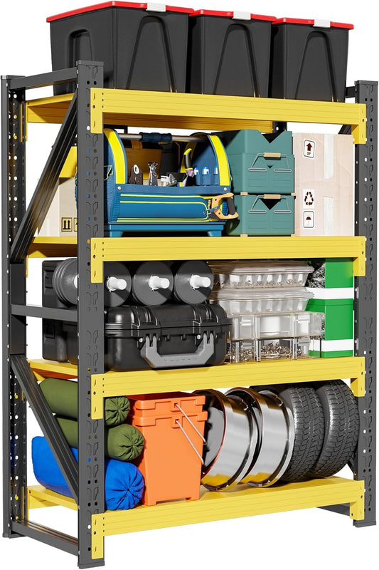 4-Tier Storage Shelves,79" H Heavy-Duty Garage Shelving Unit,Adjustable Industrial Metal Shelf System,5,000lbs Capacity,Tool Organizer for Garage,Workshop,60" W*24" D*79" H,Black&Yellow