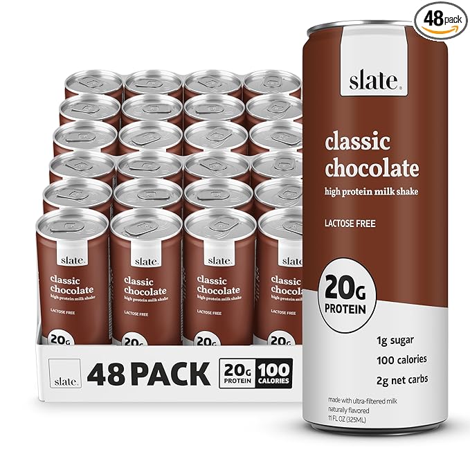 Slate Milk - High Protein Milk Shake - Classic Chocolate - Lactose Free, 20g Protein, 1g Sugar, 100 Calories, 2g Net Carbs, No Added Sugar - Natural, Breakfast Boost, Post Workout - 11 fl oz, 48 Cans