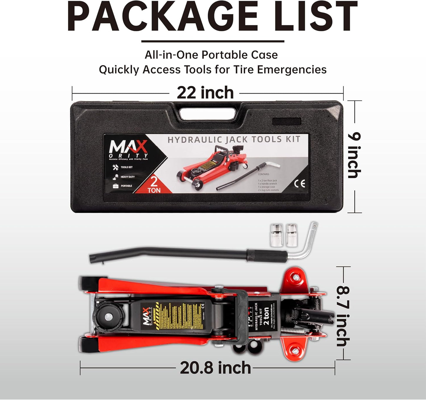 2-Ton (4400 lbs) Hydraulic Low Profile Trolley Garage Service/Floor Jack with Blow Mold Carrying Storage Case and Universal Tire Tool Kit with Lug Wrench for Home and Workshop Vehicle Maintenance