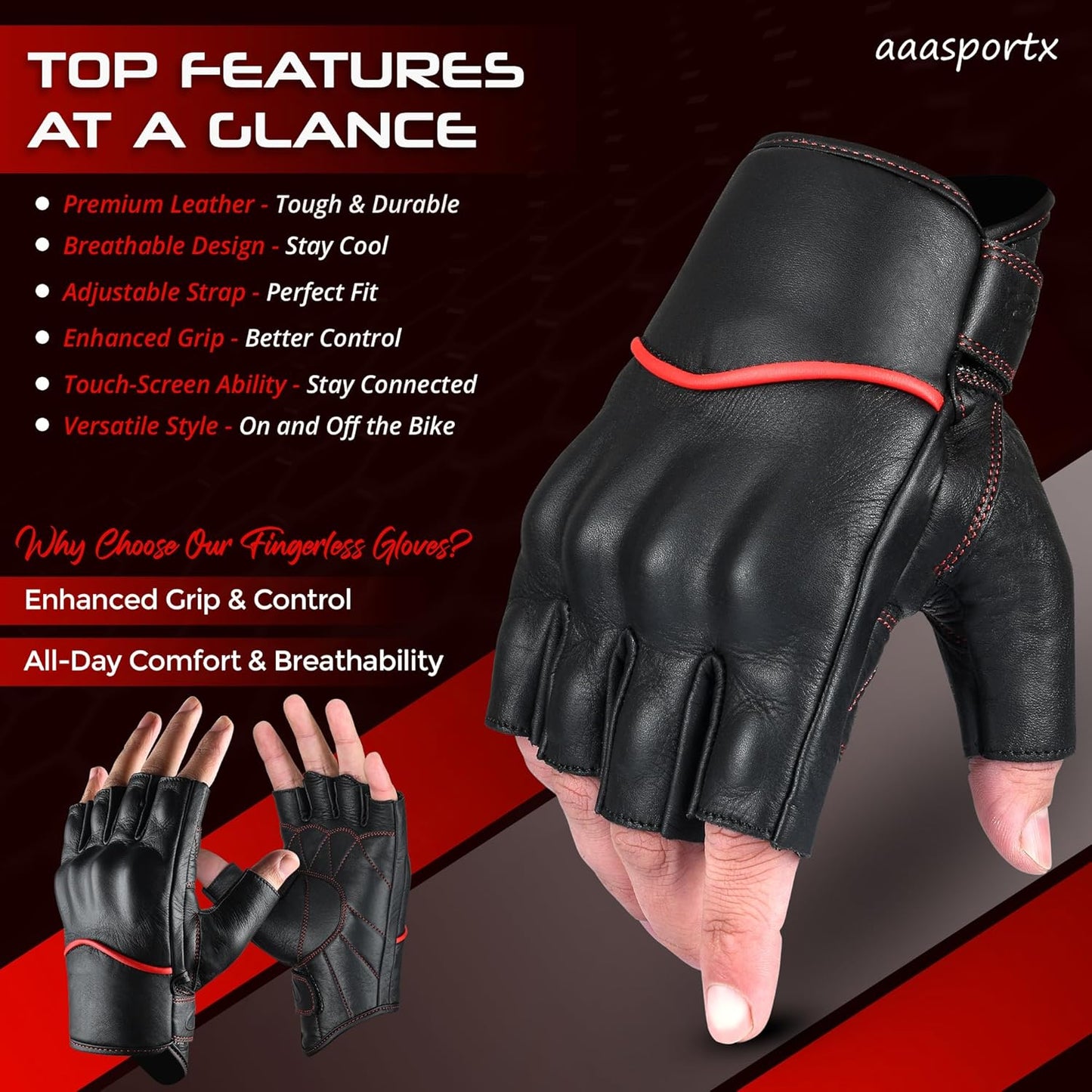 aasportx Motorcycle Gloves - Men's Leather Motorbike Gloves with Touchscreen Function - Non-Slip Pads for Men & Women