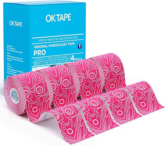 OK TAPE PRO Kinesiology Tape Uncut Roll, Elastic Physical Therapy Athletic Tape for Pain Relief, Muscle Support, Kinetic Tape, Water Resistant, 2in X 16.4ft -Pink 4 Pack