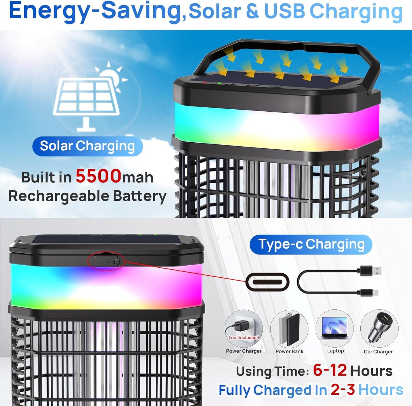 Solar Bug Zapper Outdoor 4000V Mosquito Zapper Solar 2IN1 Bug Repellent Outdoor Patio with 5500mAh Battery&LED,Electric Fly Zapper with Hook,Cordless&Rechargeable Mosquito Repellent for Patio Camping