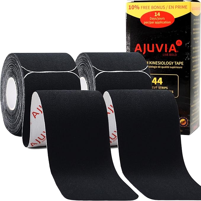 AJUVIA Synthetic Kinesiology Tape, 2 Rolls, 10% Bonus, 40 + 4 Precut Strips, Lasts up to 14 Days, Hypoallergenic and Waterproof K Tape for Muscle Pain Relief and Joint Support