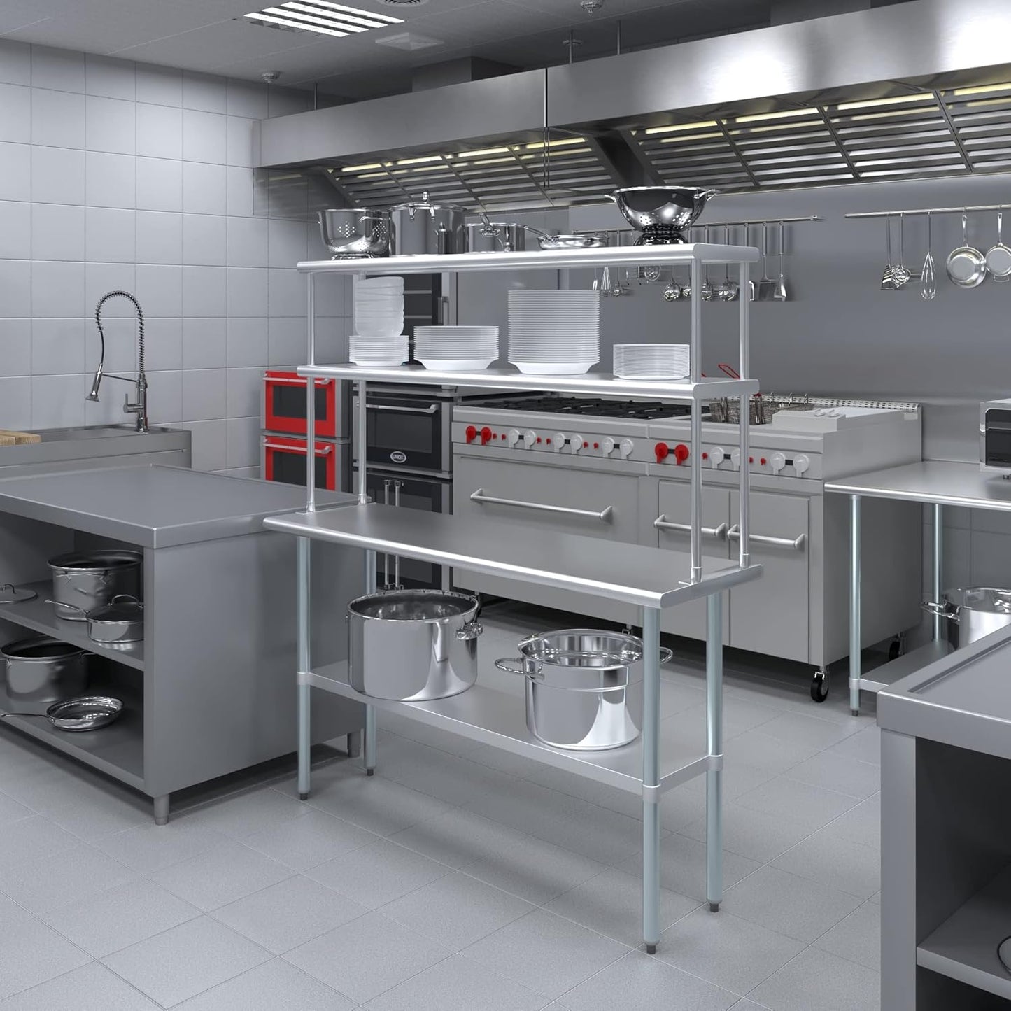 Amgood Stainless Steel Work Table Double Tier Overshelf | Metal Kitchen Prep Table & Shelving Combo (18" x 60" Work Table + 12" Overshelf)