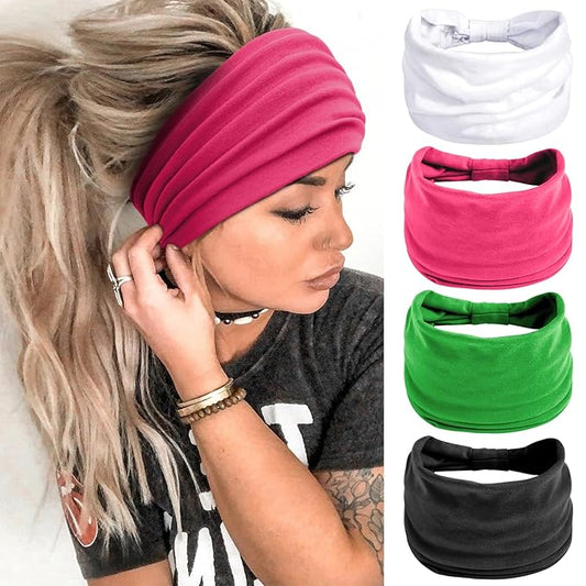 Wide Headbands for Women Black Stylish Head Wraps Summer Boho Thick Hairbands Large Pink African Sport Yoga Turban Headband Hair Accessories (Pack of 4)