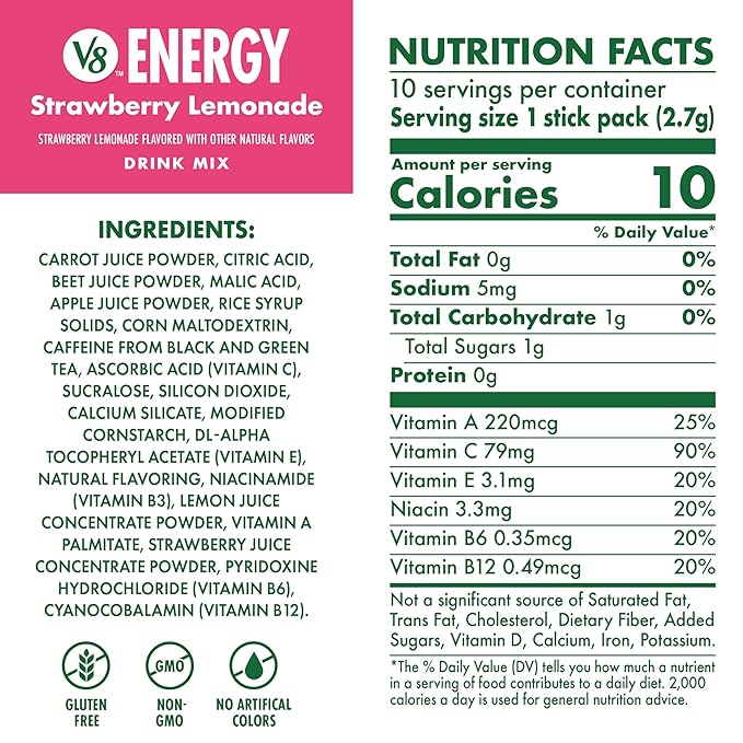 V8 Energy Strawberry Lemonade Energy Drink Powder, .10 oz Packet (120 Count)