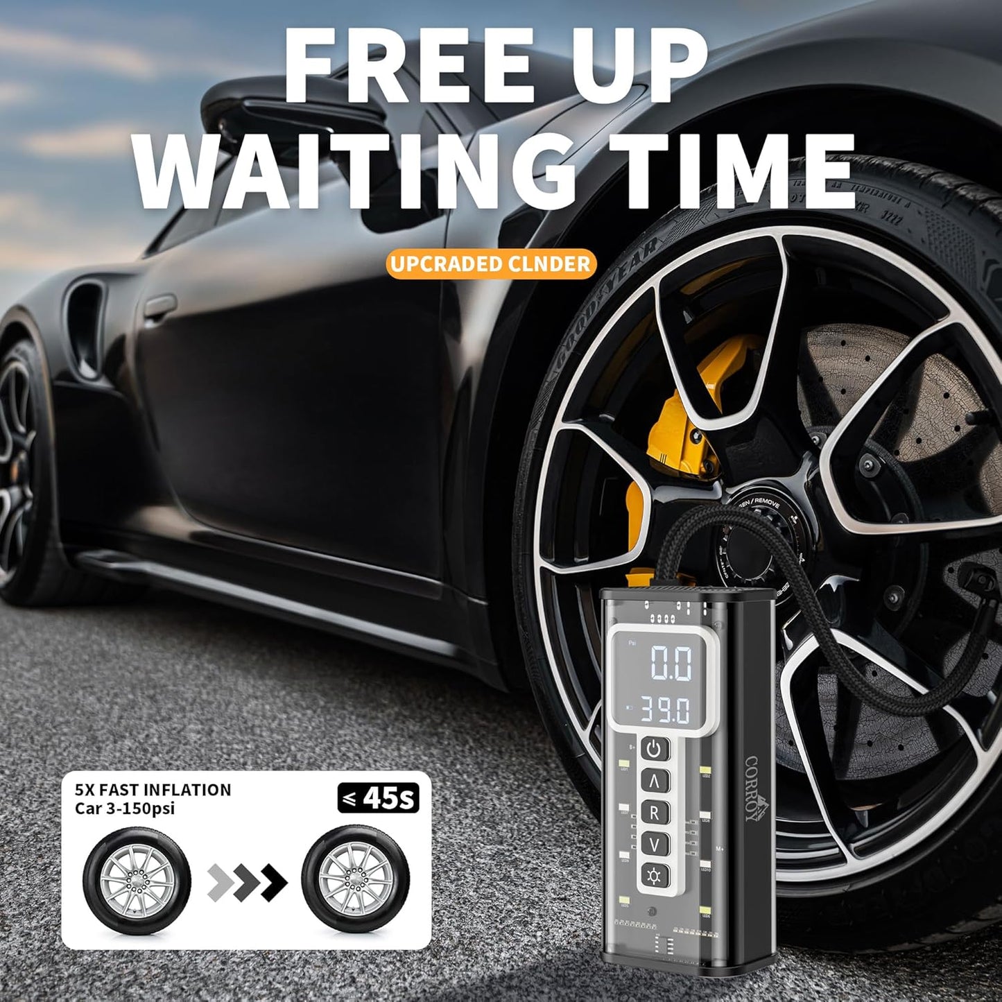 Tire Inflator Portable Air Compressor – 20000mAh Battery, 150PSI Cordless Bike Pump, Dual 12V DC Power, Tire Pressure Gauge, Air Pump for Fast 5X Inflation for Cars, SUVs, Bikes & Balls